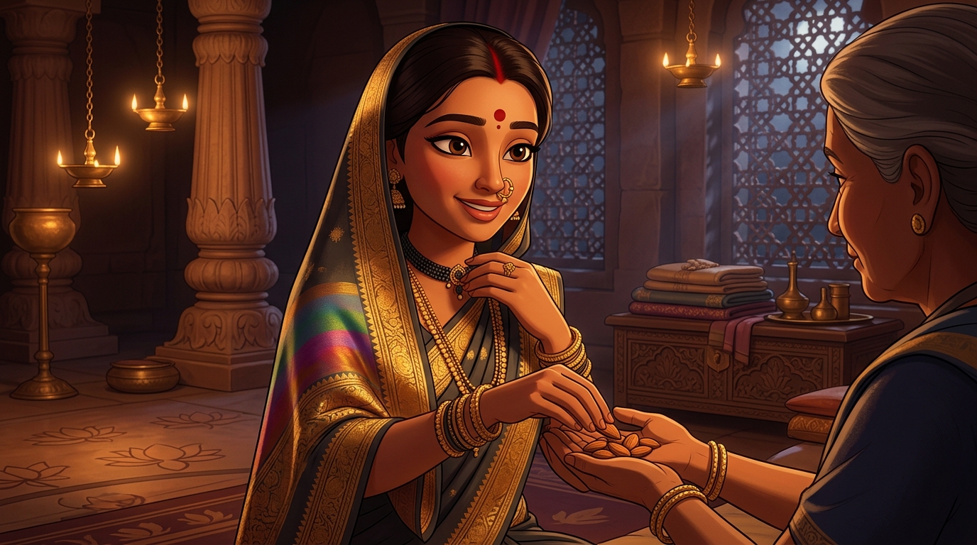 Prabhavati unclasps the obsidian falcon choker, hands Shuka sweet almonds, retreats peacefully