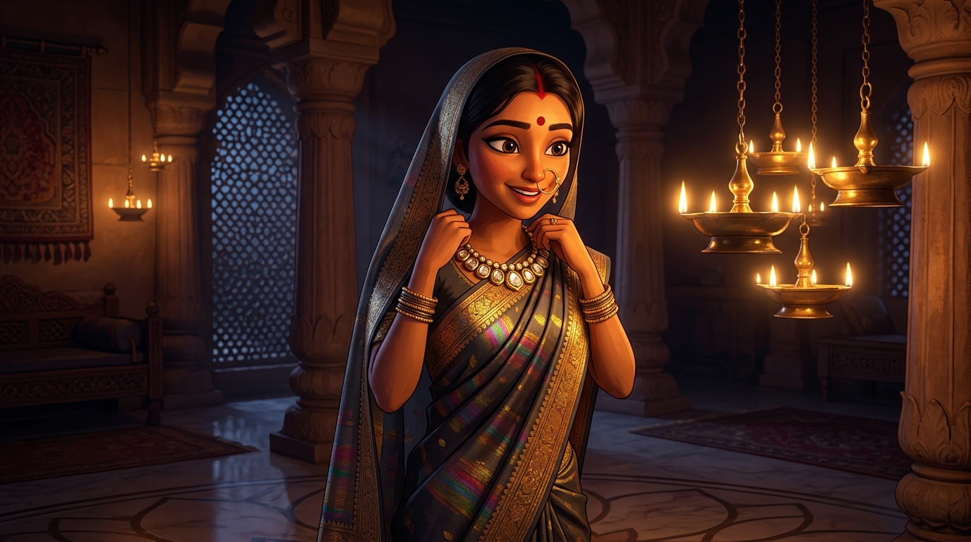 Prabhavati in iridescent rainbow-and-gold silk fastening the sixty-gem torque necklace by candlelight