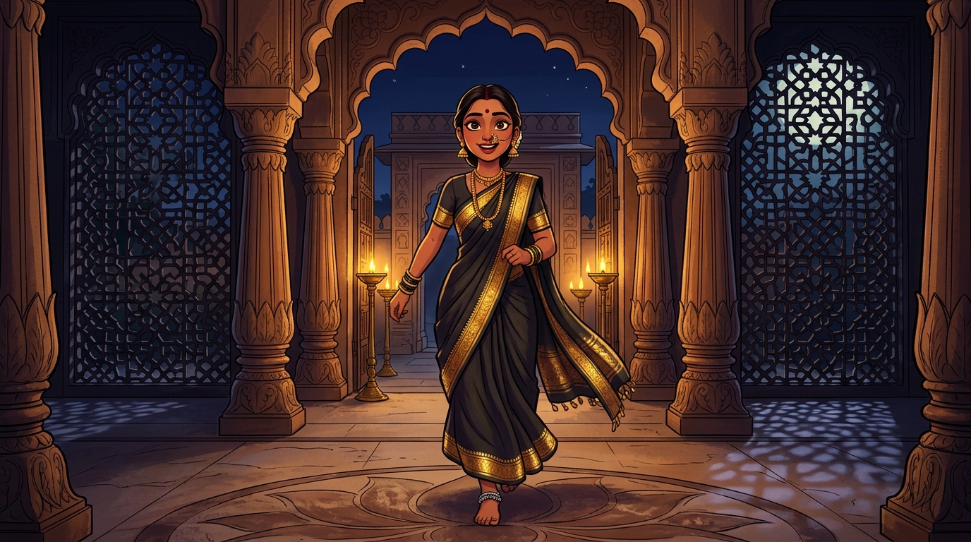 Prabhavati stepping toward the courtyard gate with swift, eager steps under the moonlit sky