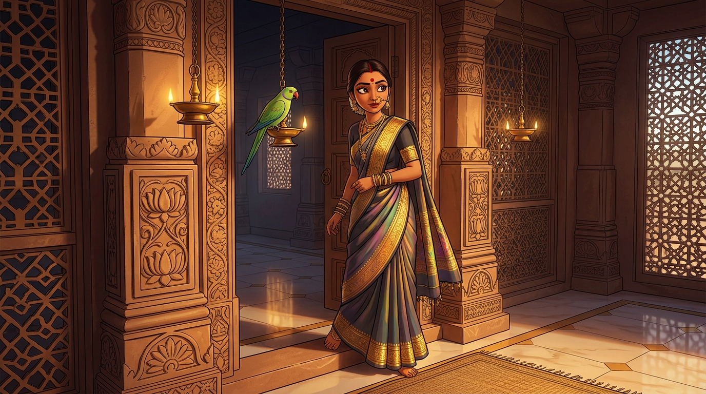 Prabhavati pausing on the doorstep with an amused smile