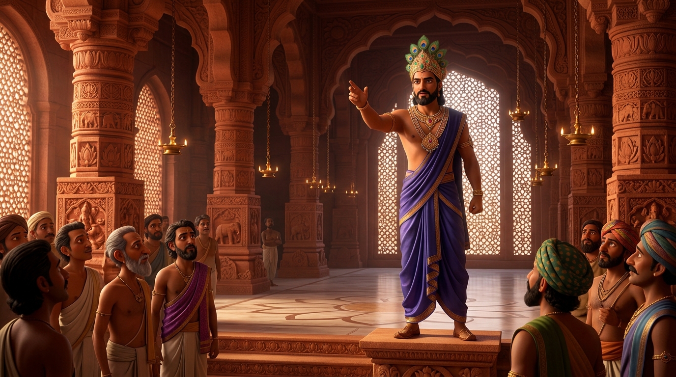 In imperial hall of Ujjayini, Emperor Vikramaditya announces the challenge: create Indradhanu-Vastra