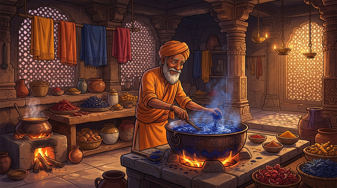Master Dyer Rangaswami preparing organic alchemy: madder root, indigo, pomegranate, turmeric