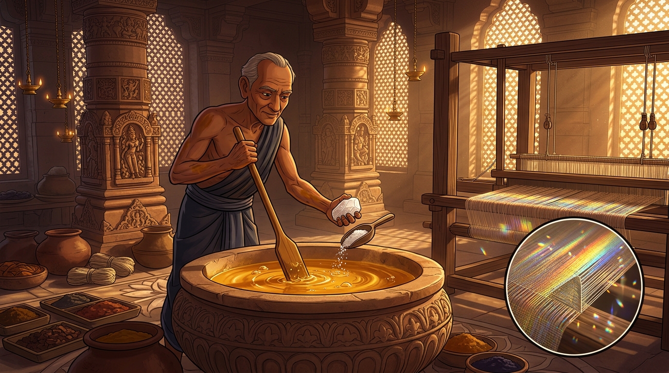 Rangaswami fixing organic dyes with alum and sea-salt, weaving triangular cross-sections