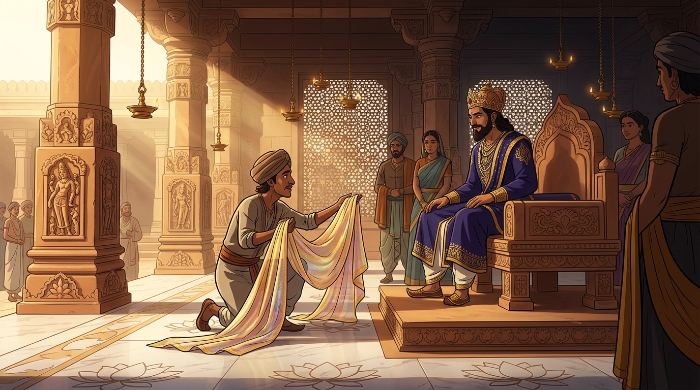 In morning sunlight of royal courtyard, Rangaswami presents the silk mantle to Emperor Vikramaditya