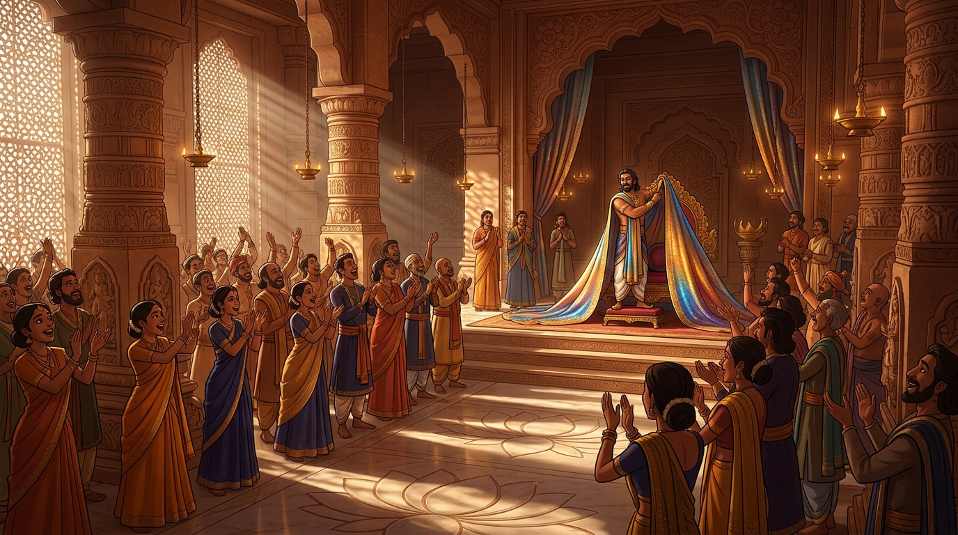 The entire court erupts into standing ovation as Emperor Vikramaditya drapes mantle over throne