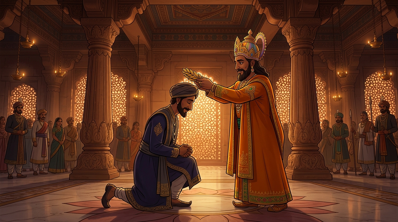 Emperor Vikramaditya crowns Rangaswami with golden laurel, naming him Grand Master of Hues
