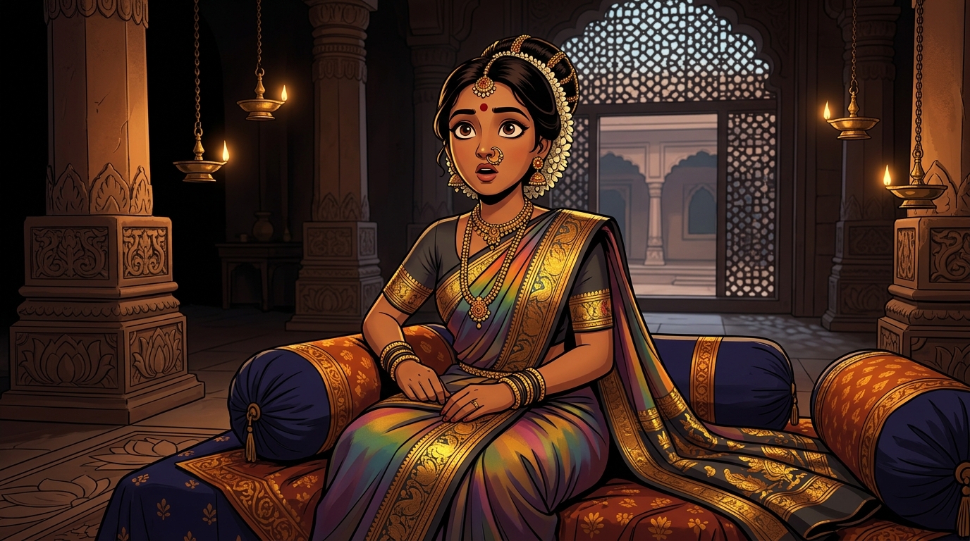 Prabhavati sitting on the bolsters, clapping in wonder at the rainbow of fidelity