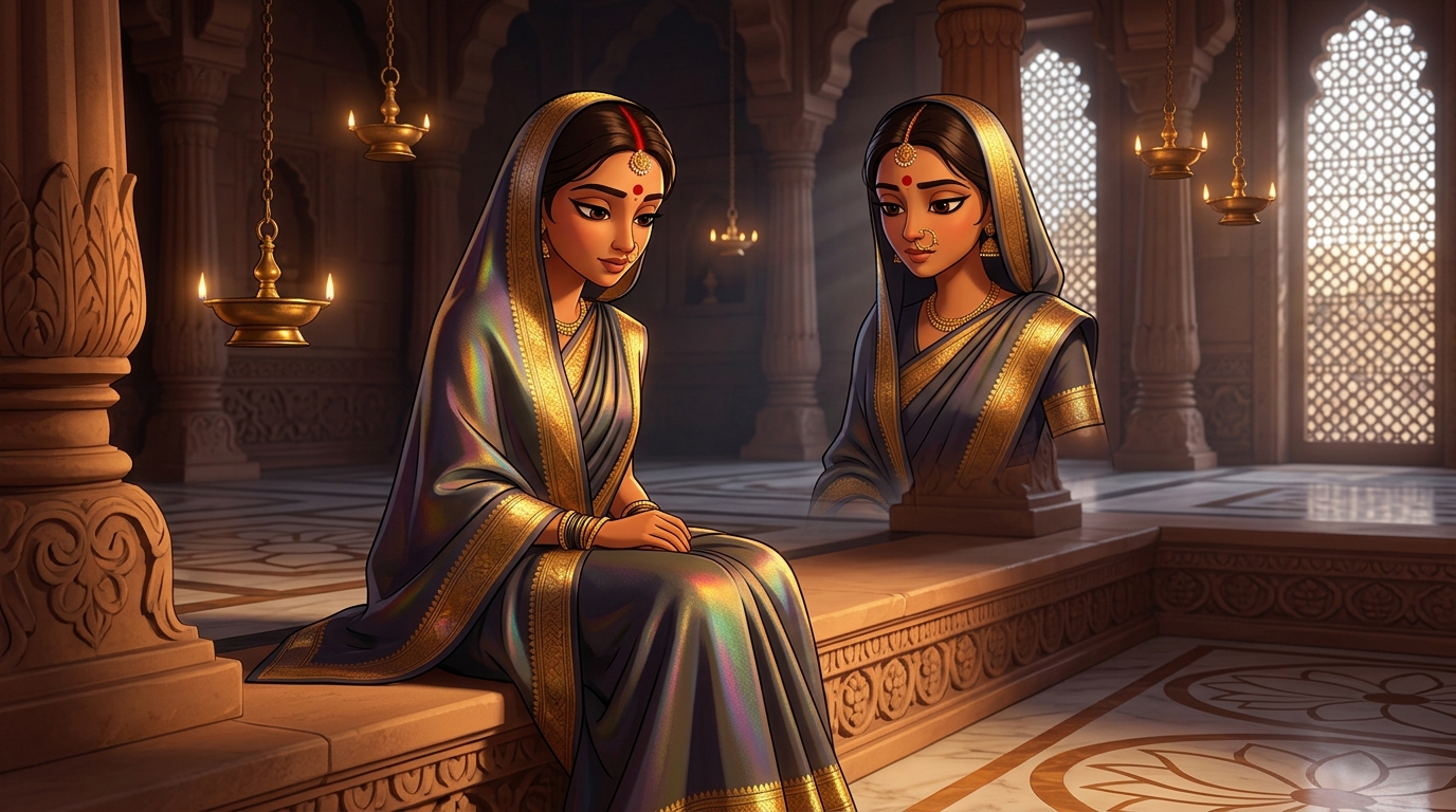 Prabhavati in serene contemplation, realizing character and fidelity are her rainbow