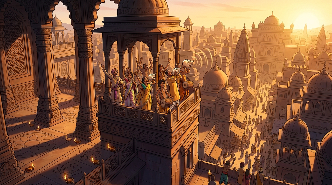Golden dawn sunlight flooding across the Chandravati skyline as sixty victory conches sound