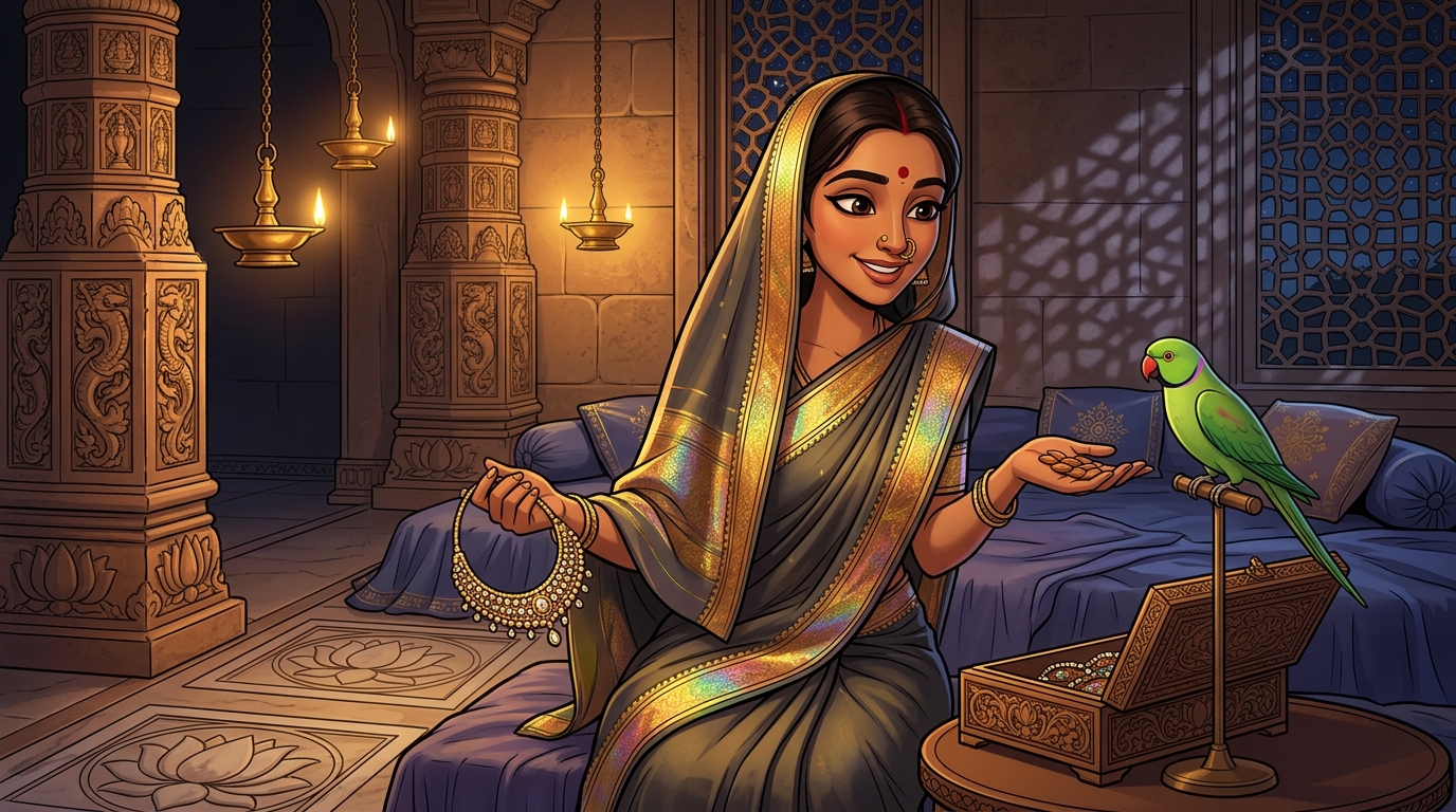 Prabhavati unclasps sixty-gem rainbow torque, gives Shuka sweet almonds, retreats peacefully