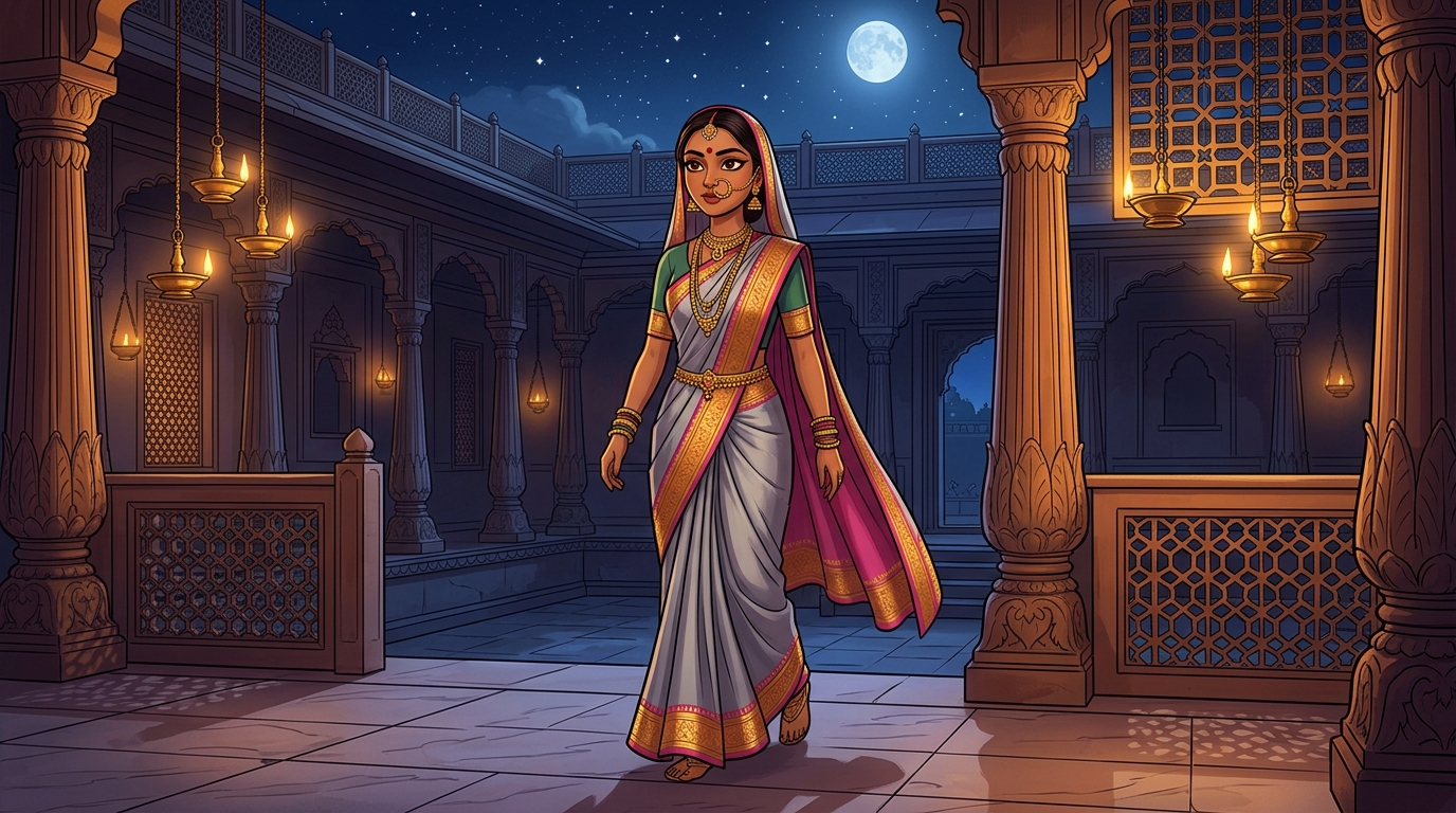 Prabhavati walking toward the courtyard gate with swift, confident steps under the moonlit sky