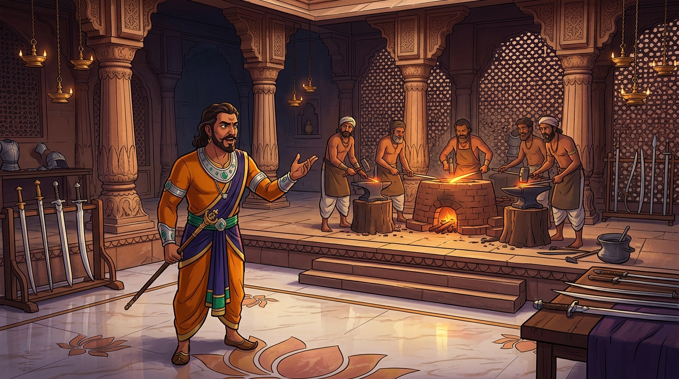 In royal armory of Malwa, King Devapala challenges armorers to forge an unbreakable flexible sword
