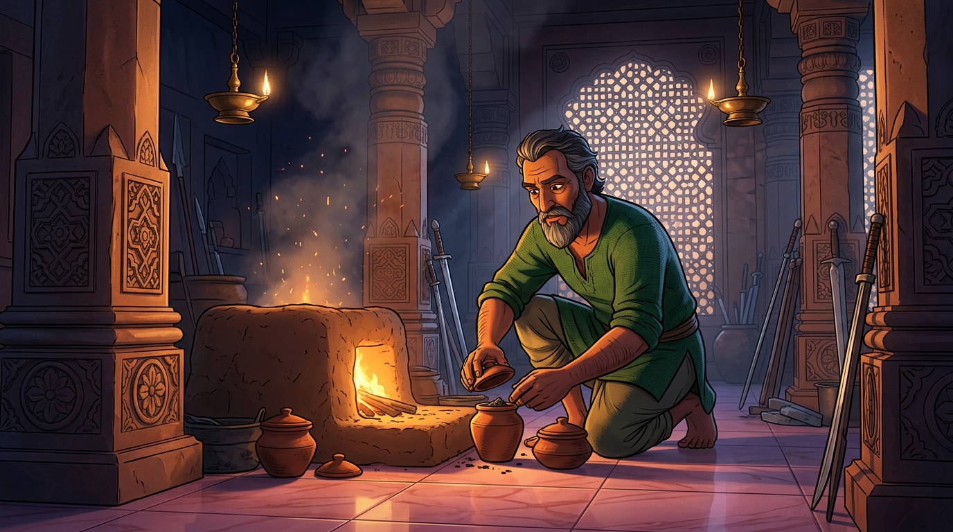 Humble Master Swordsmith Vishwakarma sealing iron ore and charcoal in terracotta crucibles