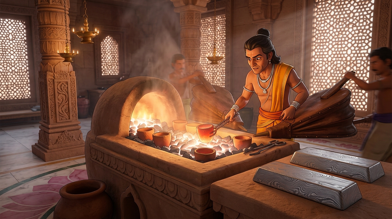 Vishwakarma heating crucibles for 48 hours in white-hot bellows, producing Wootz steel ingots