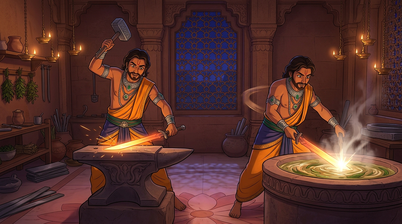 Vishwakarma hammering blade on anvil, quenching in sesame oil and aloe vera