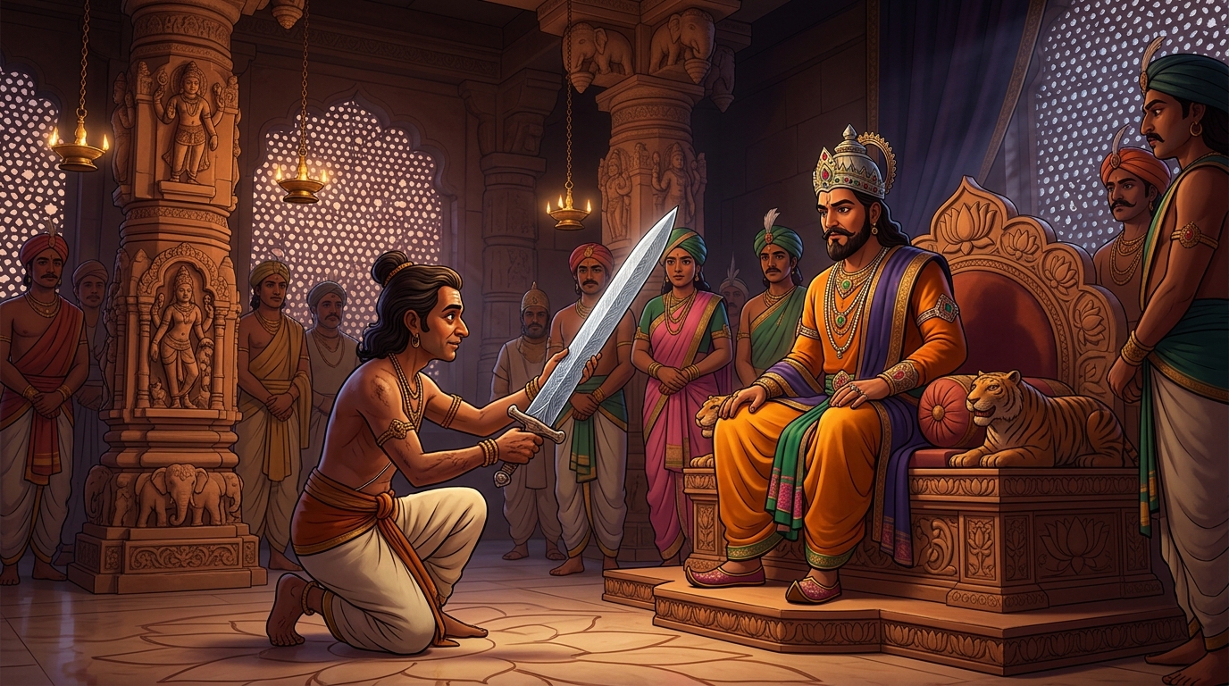 In court, Vishwakarma presents the Wootz steel blade with water ripples to King Devapala