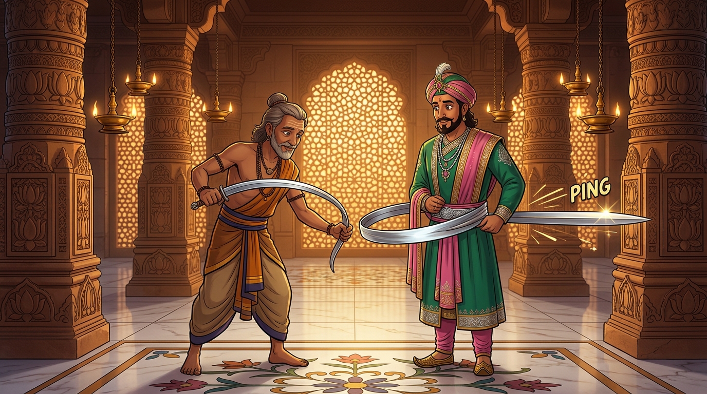 Vishwakarma bends blade 360 degrees around King's waist; it springs back with a musical PING