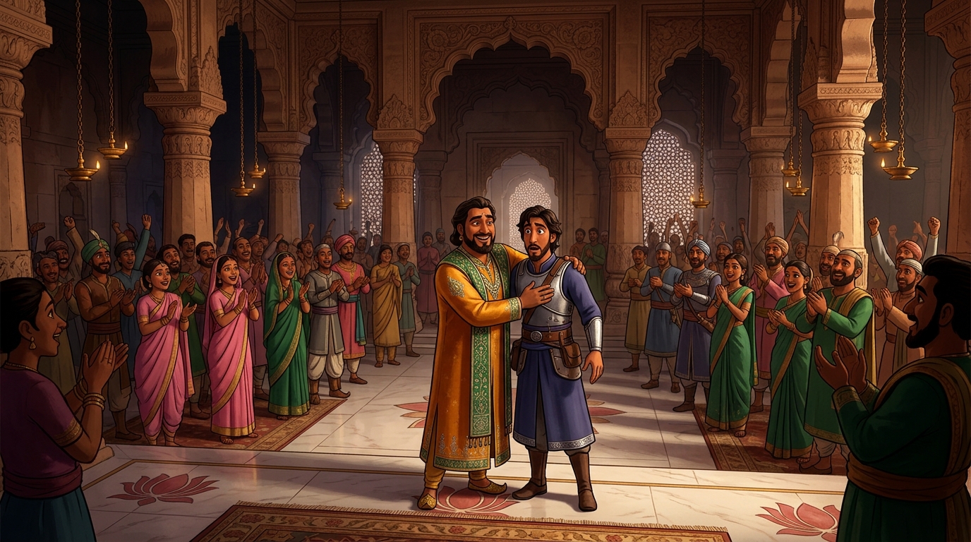 The entire court roars in standing ovation as King Devapala names Vishwakarma Grand Armorer