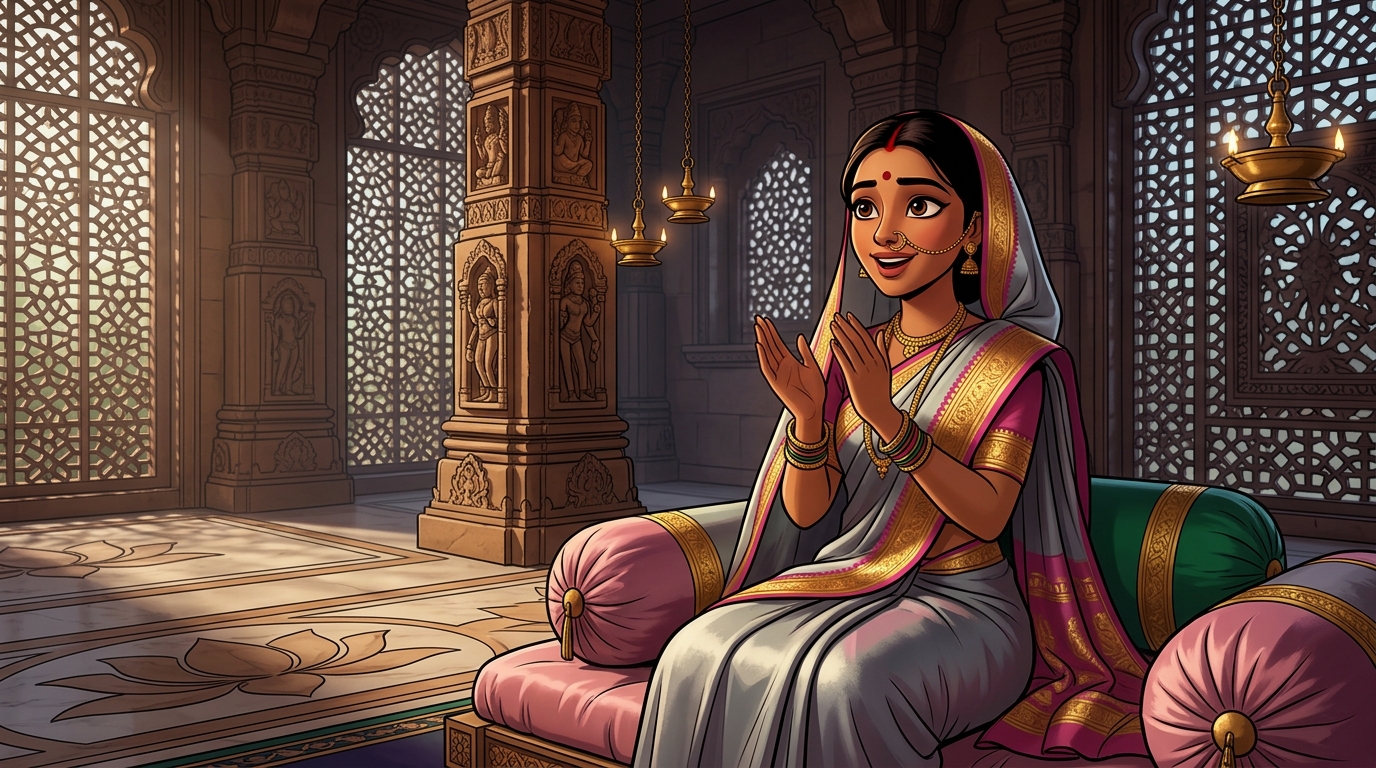 Prabhavati sitting on the bolsters, clapping in wonder at the power of flexible devotion