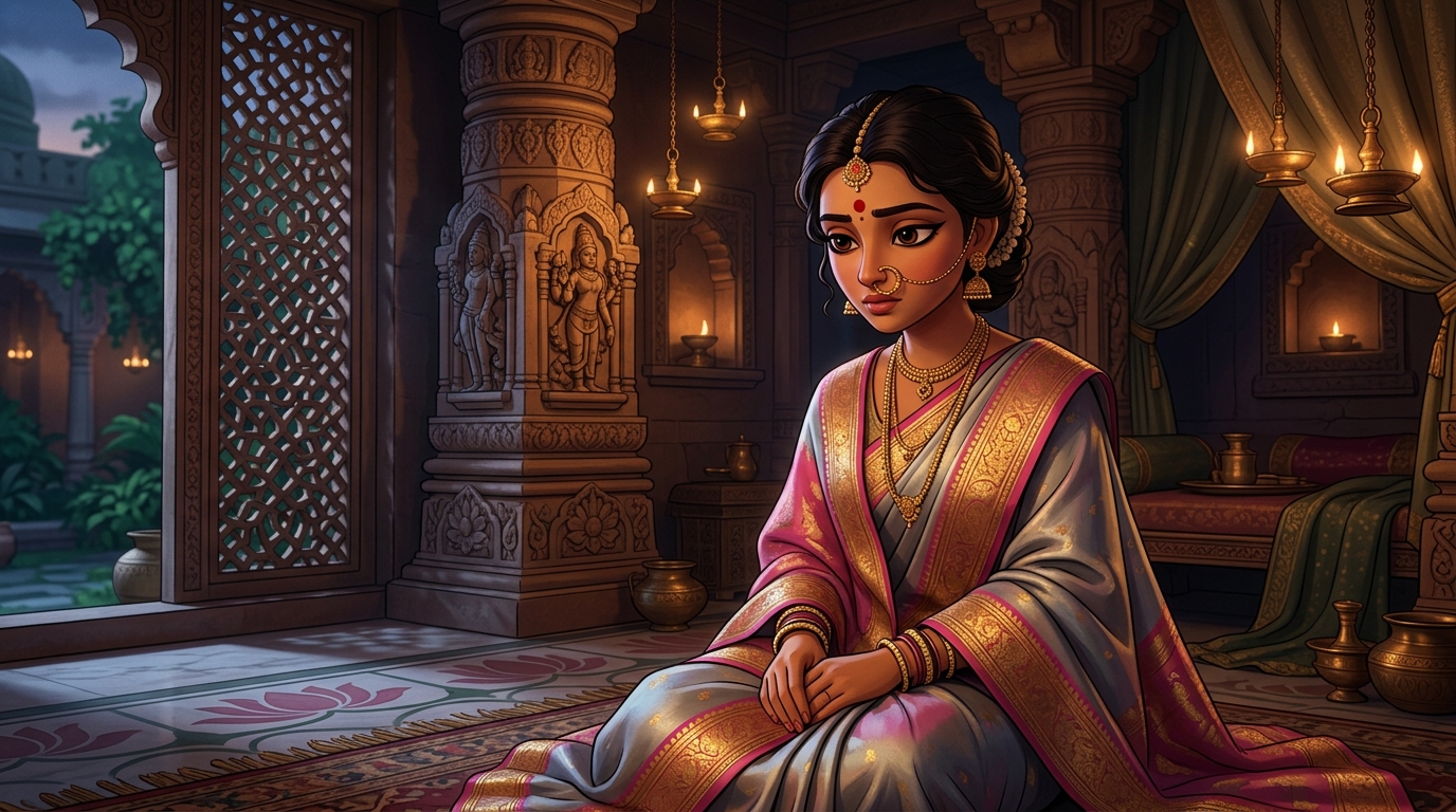 Prabhavati in deep contemplation, realizing patient flexibility overcomes all hardships