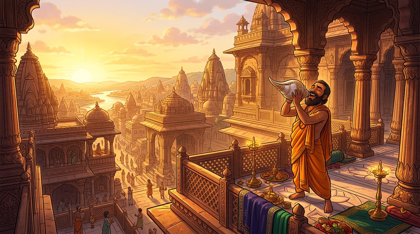 Golden dawn sunlight flooding across the sandstone arches as temple conches sound