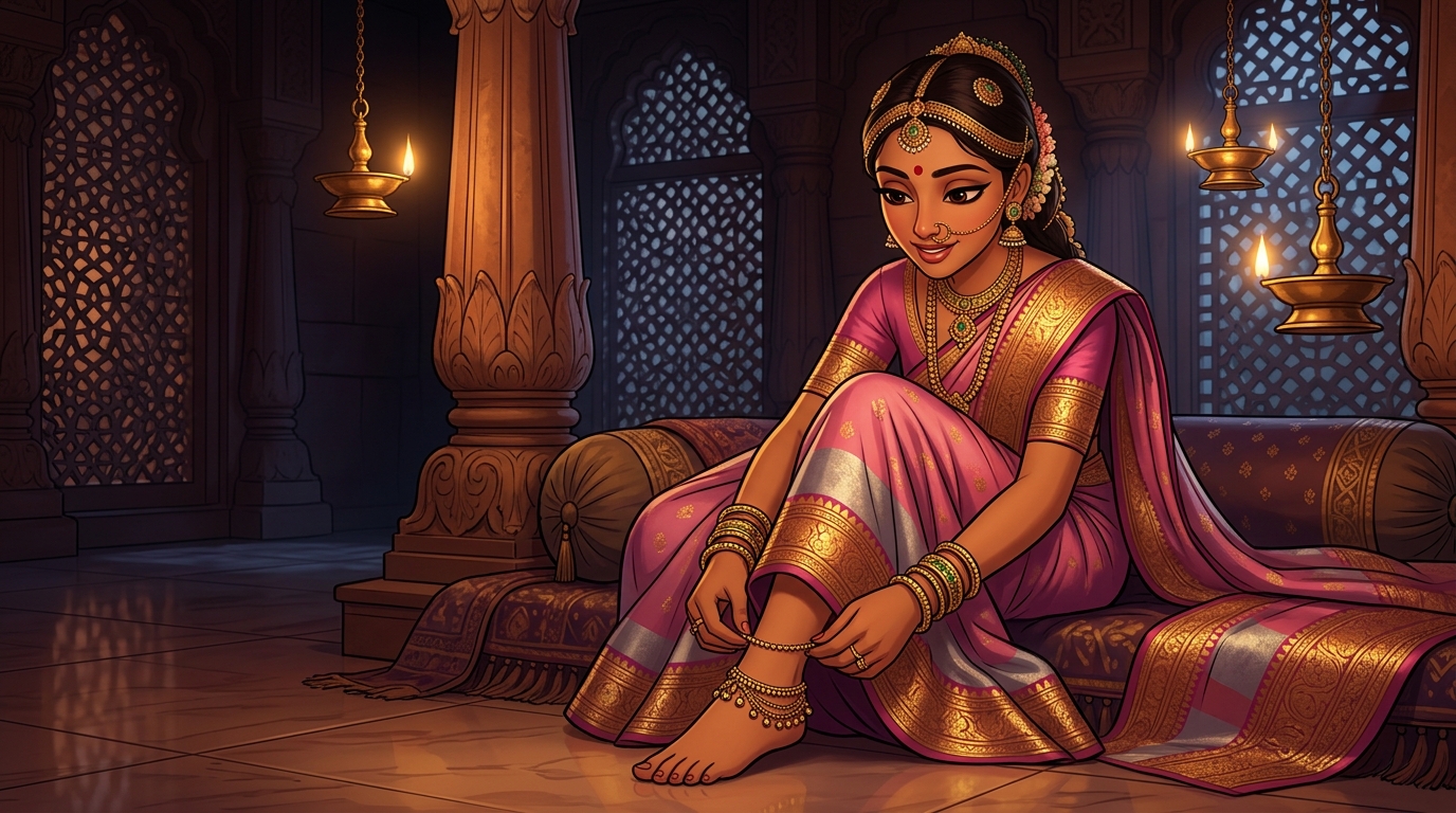 Prabhavati in lotus-pink-and-gold silk fastening the singing anklet by candlelight