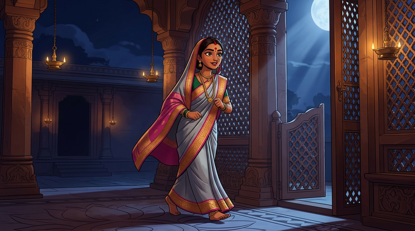 Prabhavati stepping toward the courtyard gate with swift, eager steps under the moonlit sky