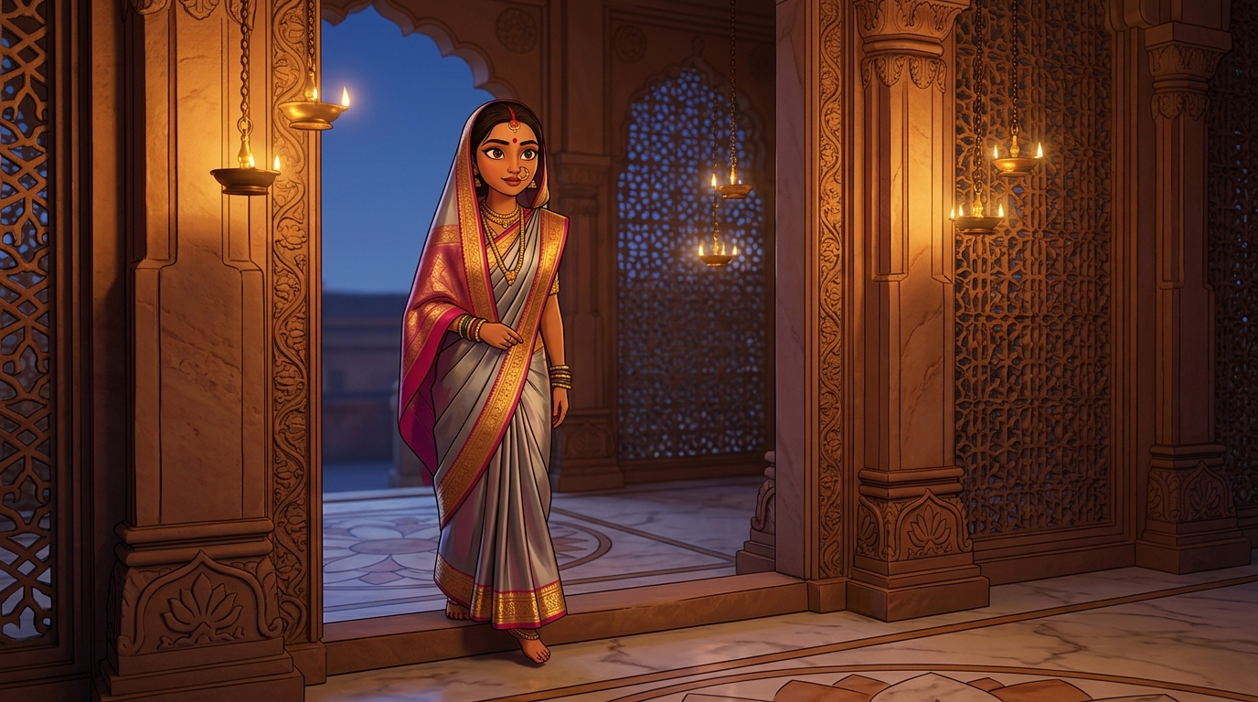 Prabhavati pausing on the doorstep with an amused smile