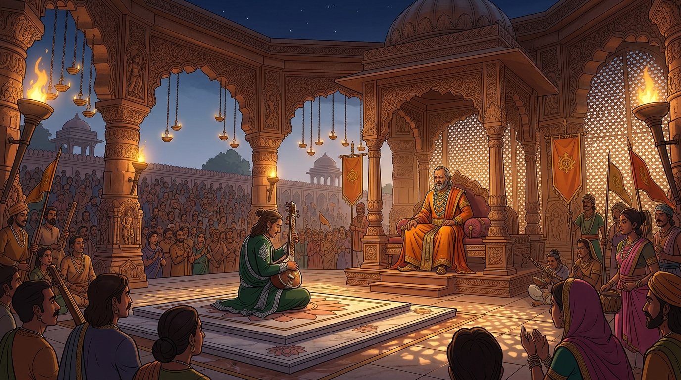 In music pavilion of Kanyakubja, Emperor Harsha hosts royal Raga tournament before thousands