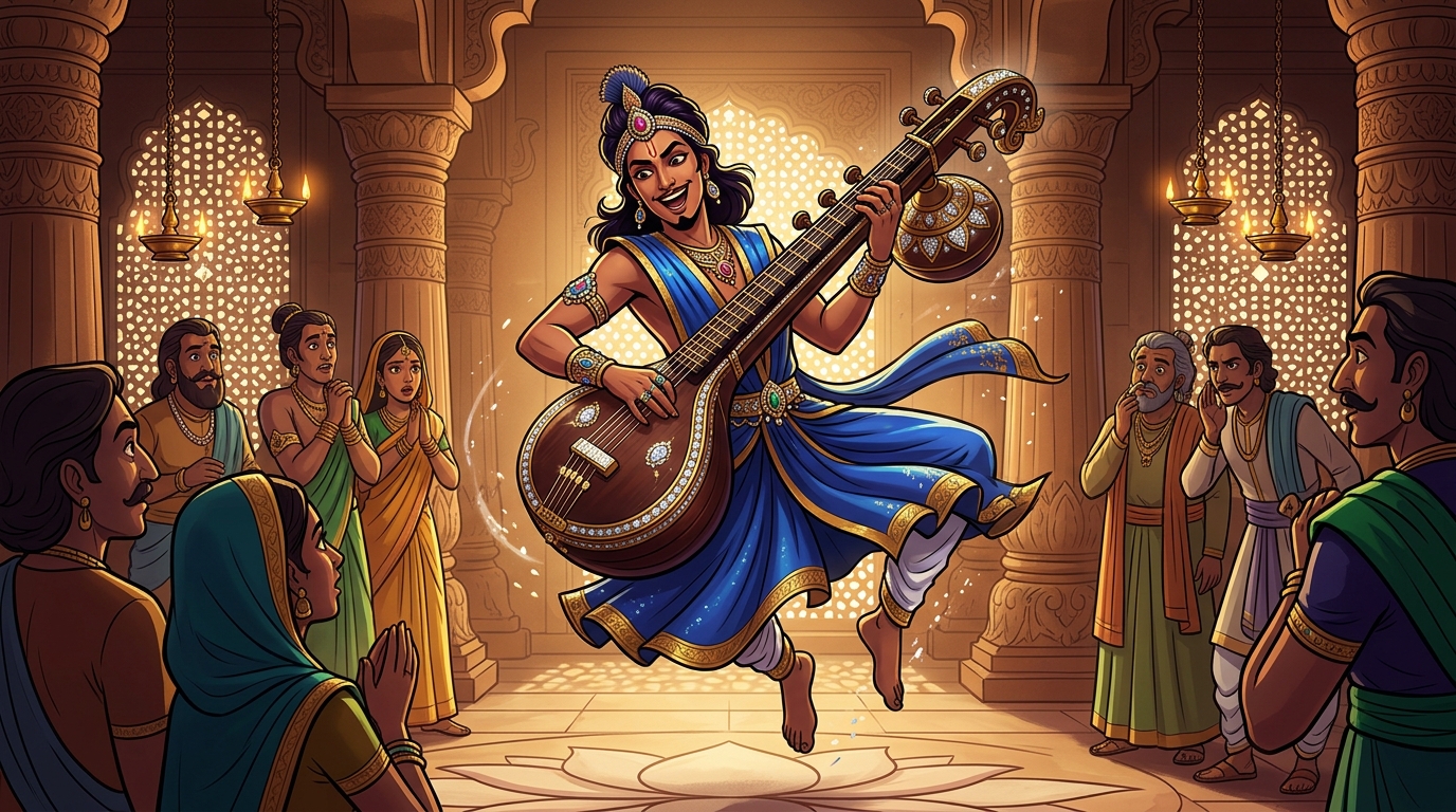 Flashy court musician Kalanidhi playing a diamond-studded Veena with showy acrobatics