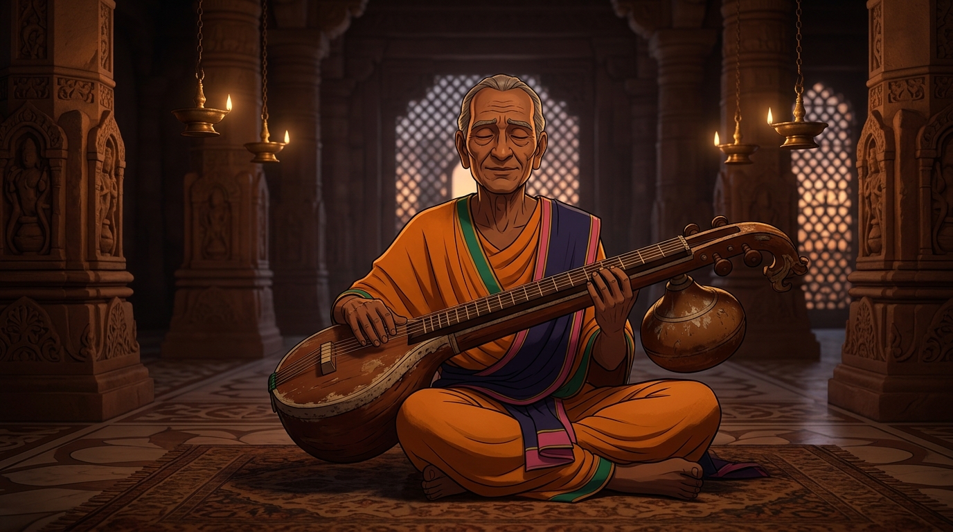 Blind master Gandharva Somendra holding seasoned teakwood Rudra-Veena, closing eyes in meditation