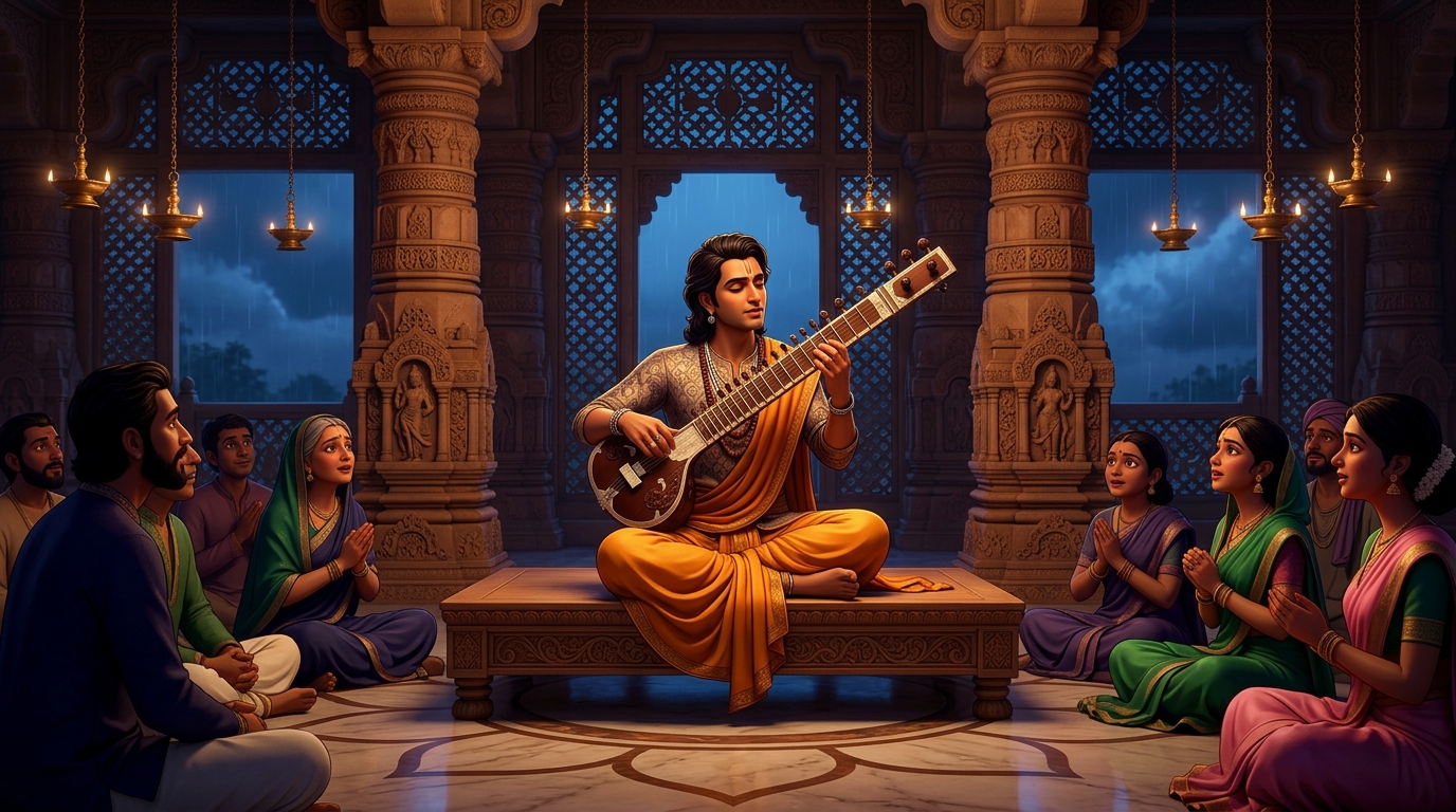Somendra begins playing sacred Raga Megh-Malhar; audience spellbound by celestial depth