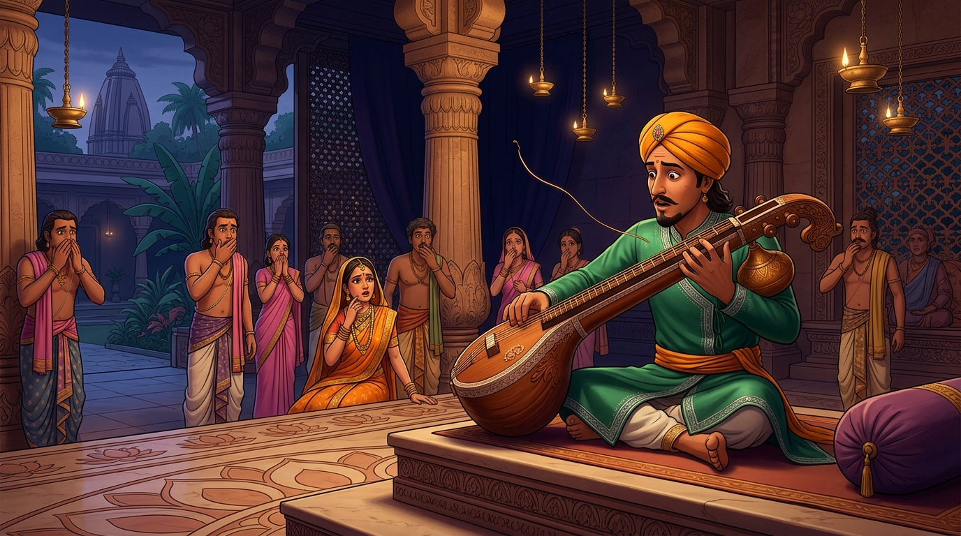 At emotional climax, primary bronze melody string snaps with a dramatic TWANG; court gasps