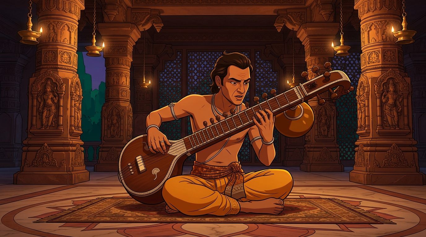 Somendra slides across bass frets, bending strings to reproduce high notes via resonance