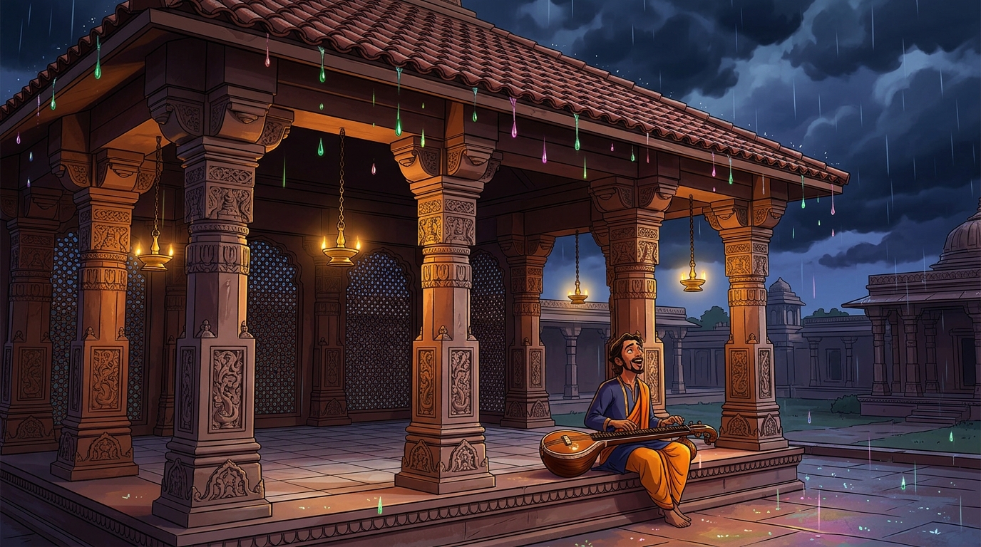 Dark rain clouds gather as Raga reaches peak, and sweet cooling raindrops fall from the sky