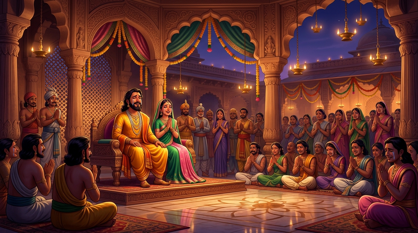 Music concludes on resonant harmonic; Emperor Harsha and pavilion weep in bliss