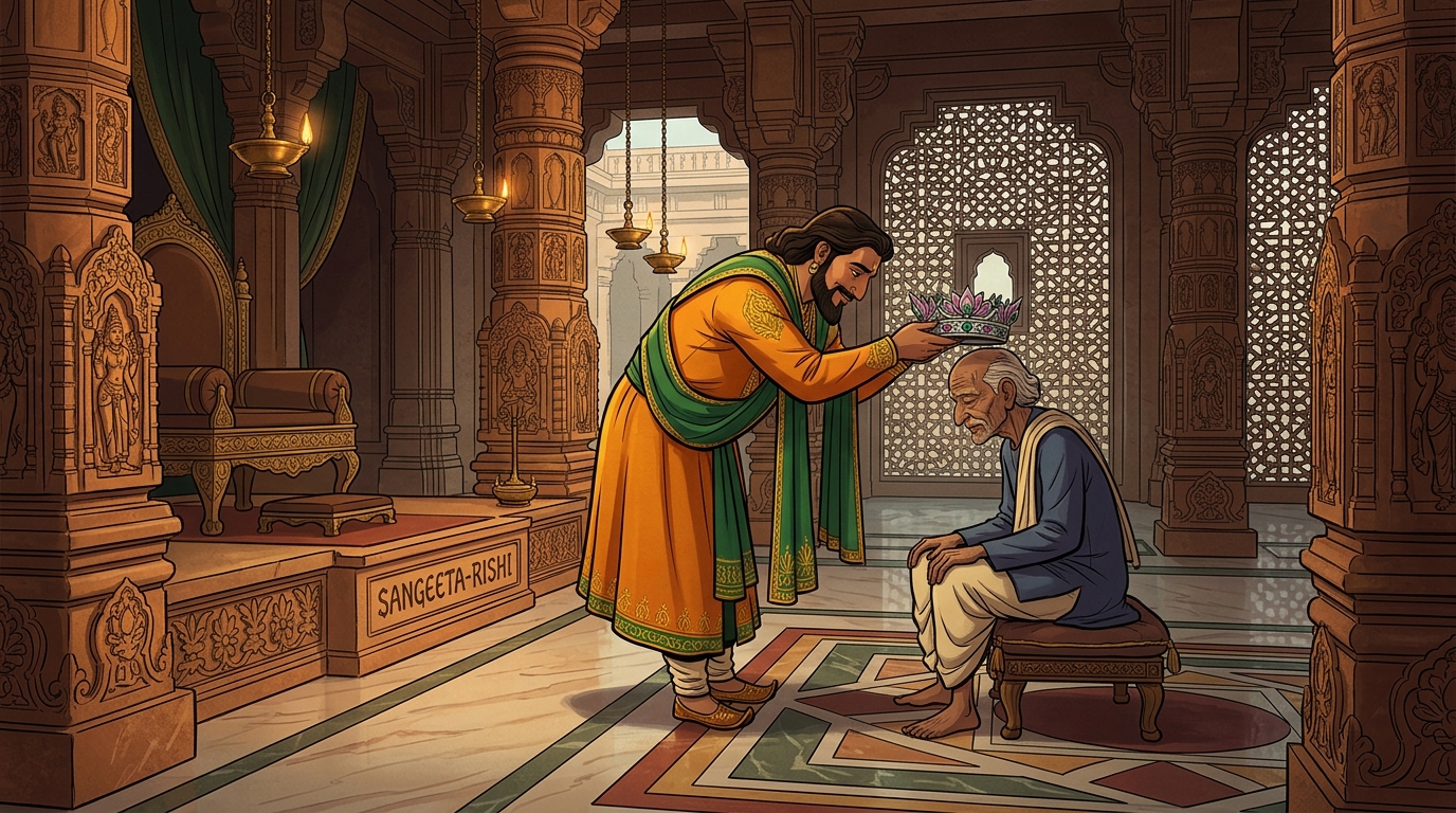 Emperor Harsha steps down from throne, bowing low before Somendra, crowning him Sangeeta-Rishi