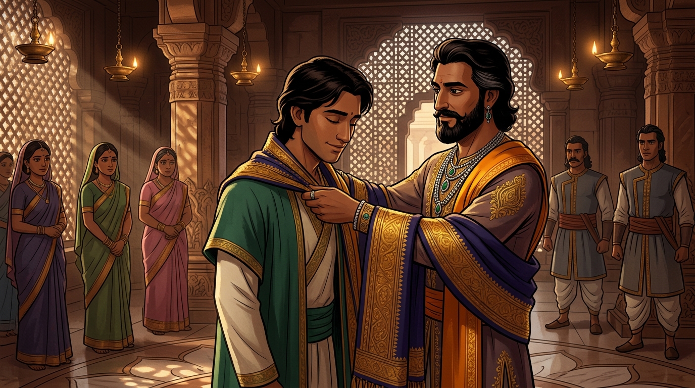 The Emperor drapes royal gold shawl over Somendra, honoring unbroken inner harmony