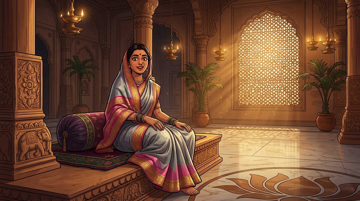 Prabhavati sitting on the bolsters, wide-eyed with realization at the power of inner harmony
