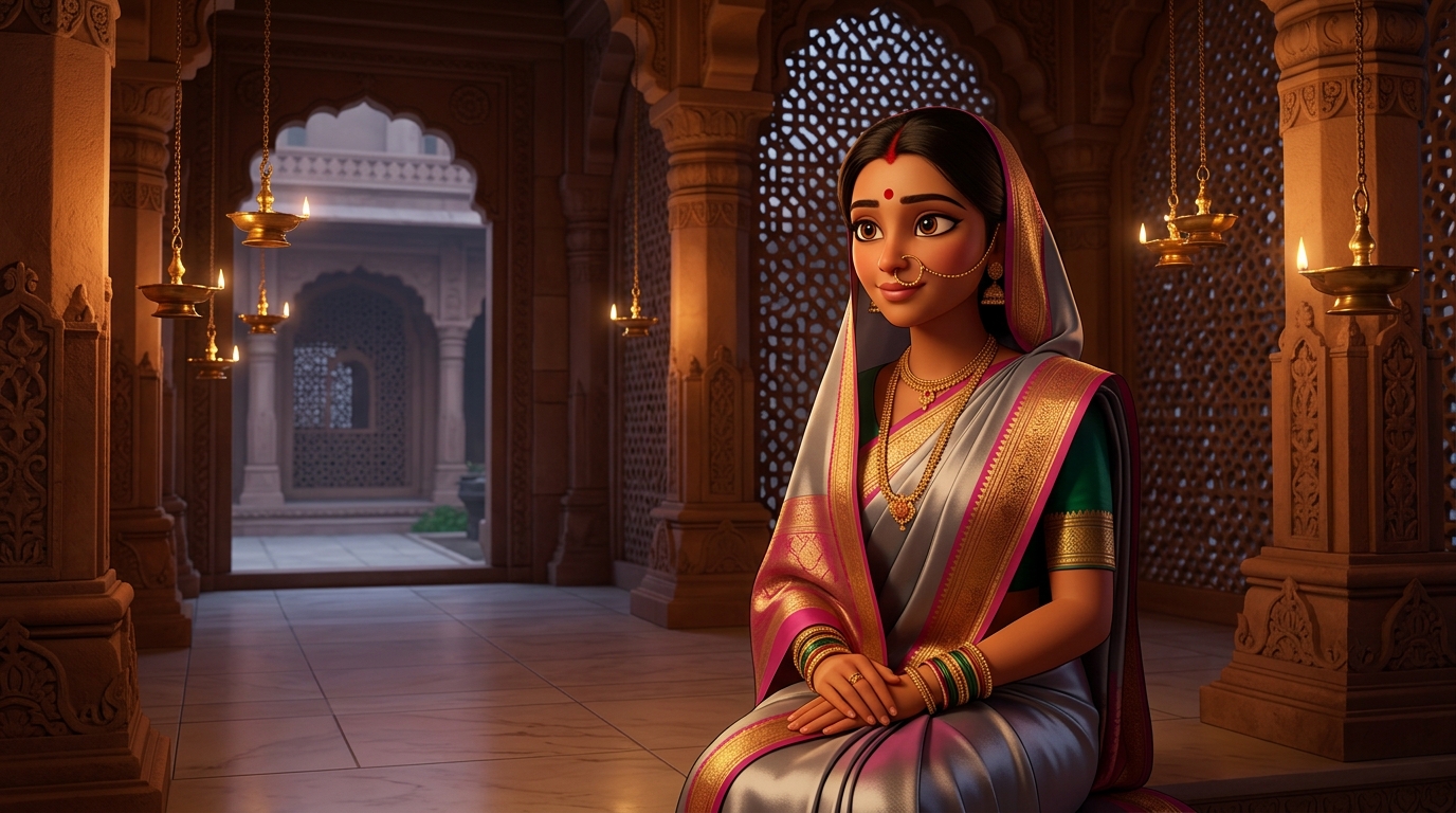 Prabhavati in serene contemplation, realizing true love creates divine harmony