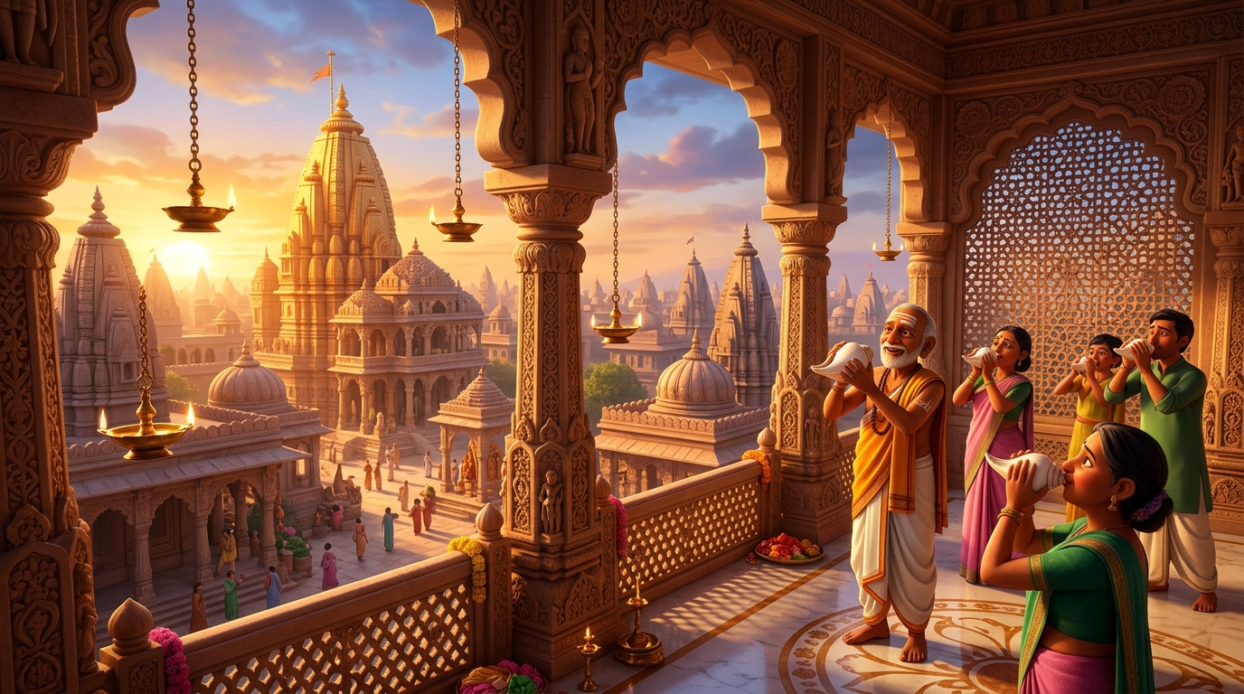 Golden dawn sunlight flooding across the Chandravati skyline as temple conches sound