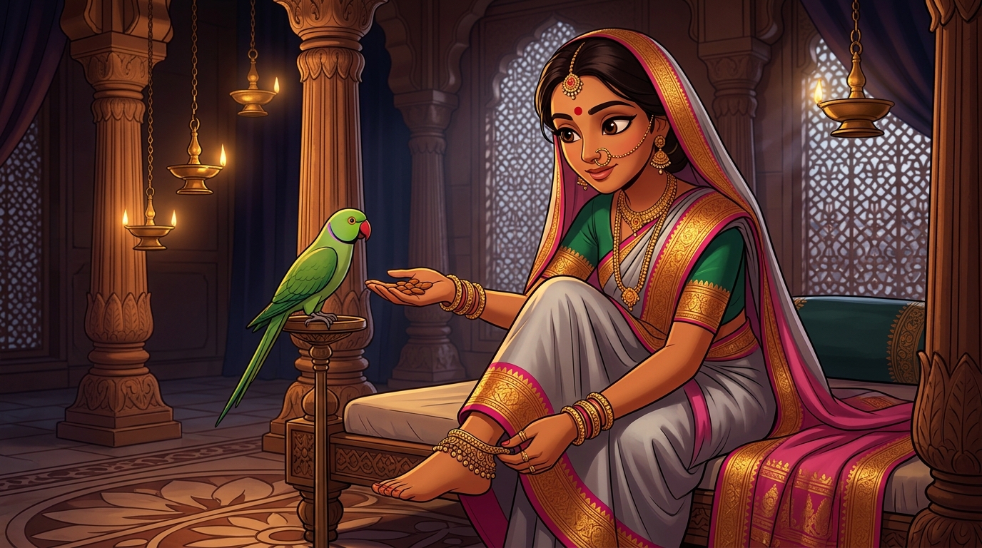 Prabhavati unclasps singing anklet, gives Shuka sweet almonds, retreats peacefully