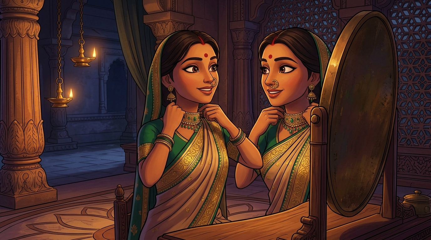 Prabhavati in sandstone-buff-and-emerald silk fastening the arch choker by candlelight