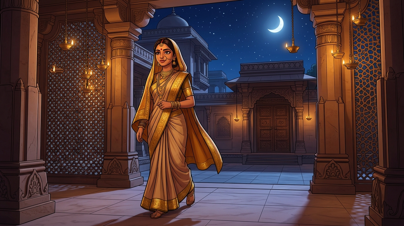Prabhavati walking toward the courtyard gate with swift, confident steps under the moonlit sky