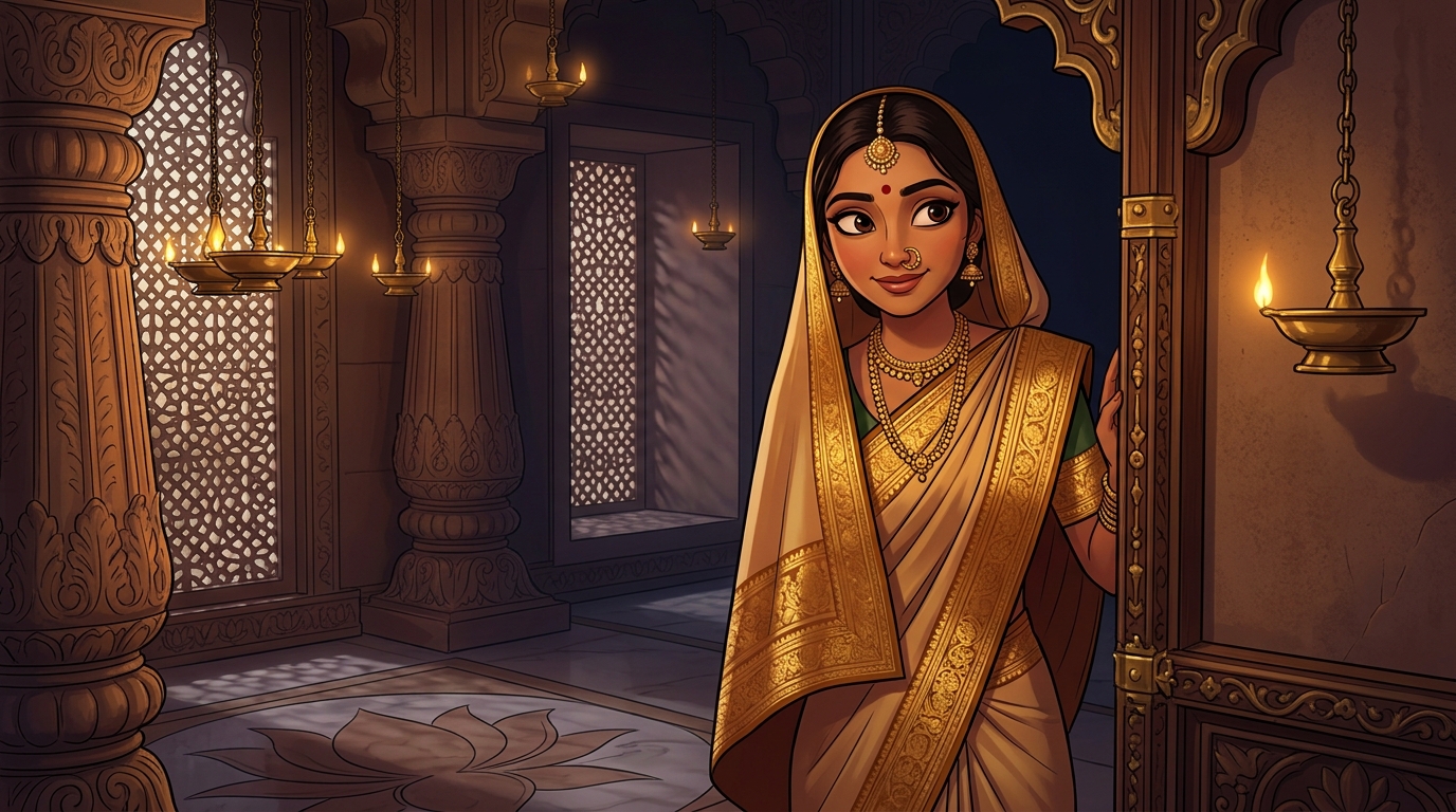 Prabhavati pausing on the doorstep with an amused smile