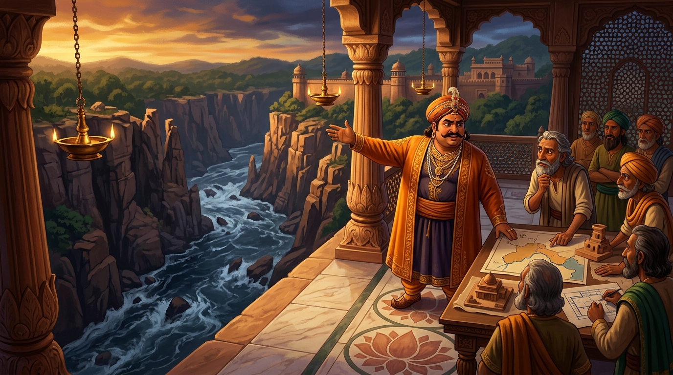 In ancient Malwa, King Bhoja standing by roaring gorge of Narmada, challenging architects