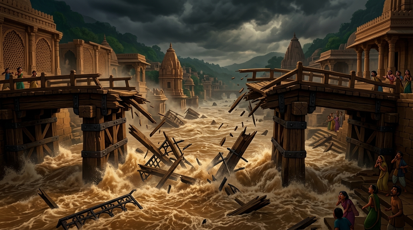 Rival architects' heavy timber bridges and iron-clamped piers snapped like twigs by monsoon floods
