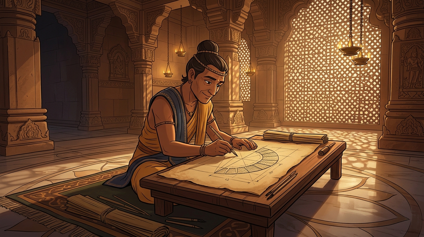 Master Architect Nala drawing geometric arch plans showing interlocking wedge granite blocks