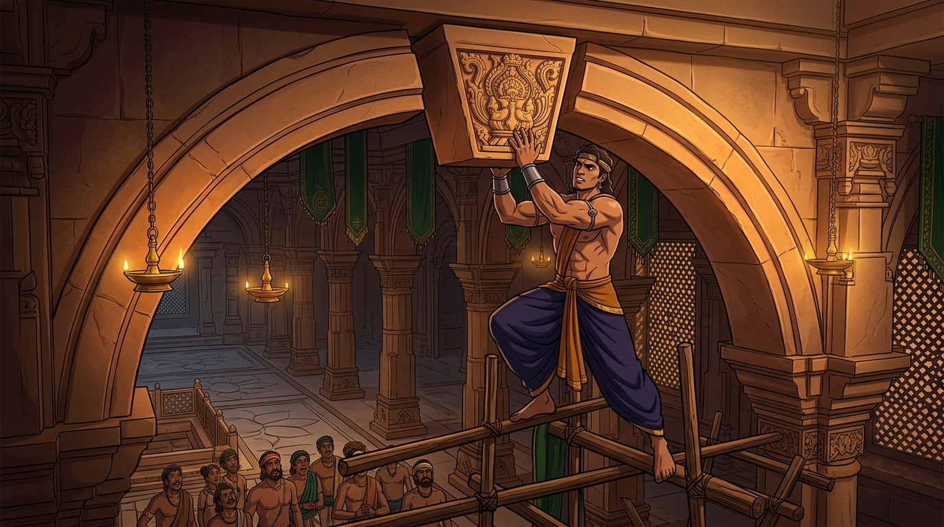 Nala hoisting single carved central keystone and locking it firmly into apex of arch