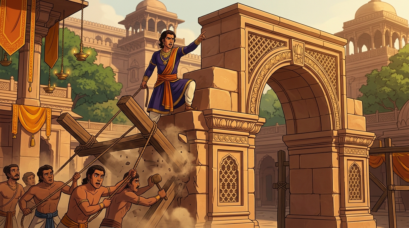 Nala orders wooden scaffolding knocked away; arch instantly locks under gravity